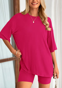 Casual Short Sleeved Round Neck Top Paired With Shorts Two-Piece Set