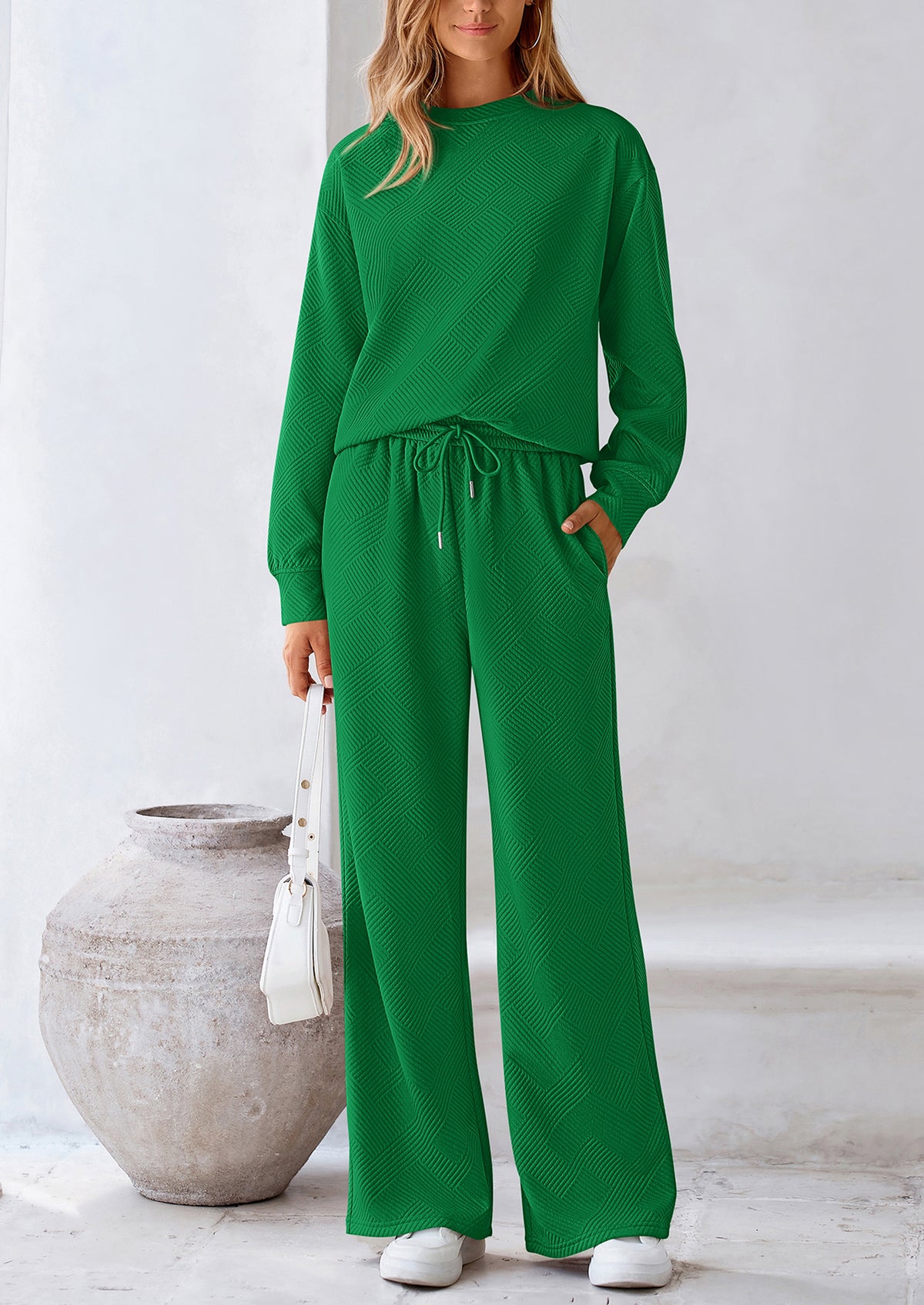 Casual Long Sleeve Pullover Tops and Wide Leg Pants Knitted Two Piece Sets