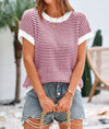 PRETTYGARDEN Womens Short Sleeve Sweater Spring Summer Round Neck Striped Pullover Cap Sleeve Knit Sweater Vest Tops