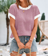 Short Sleeve Round Neck Striped Pullover Cap Sleeve Knit T-shirt