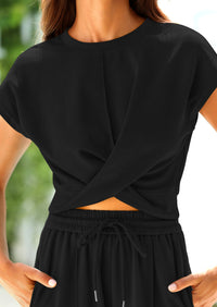 Twist Front Crop T-Shirts Wide Leg Pants Two Piece Sets
