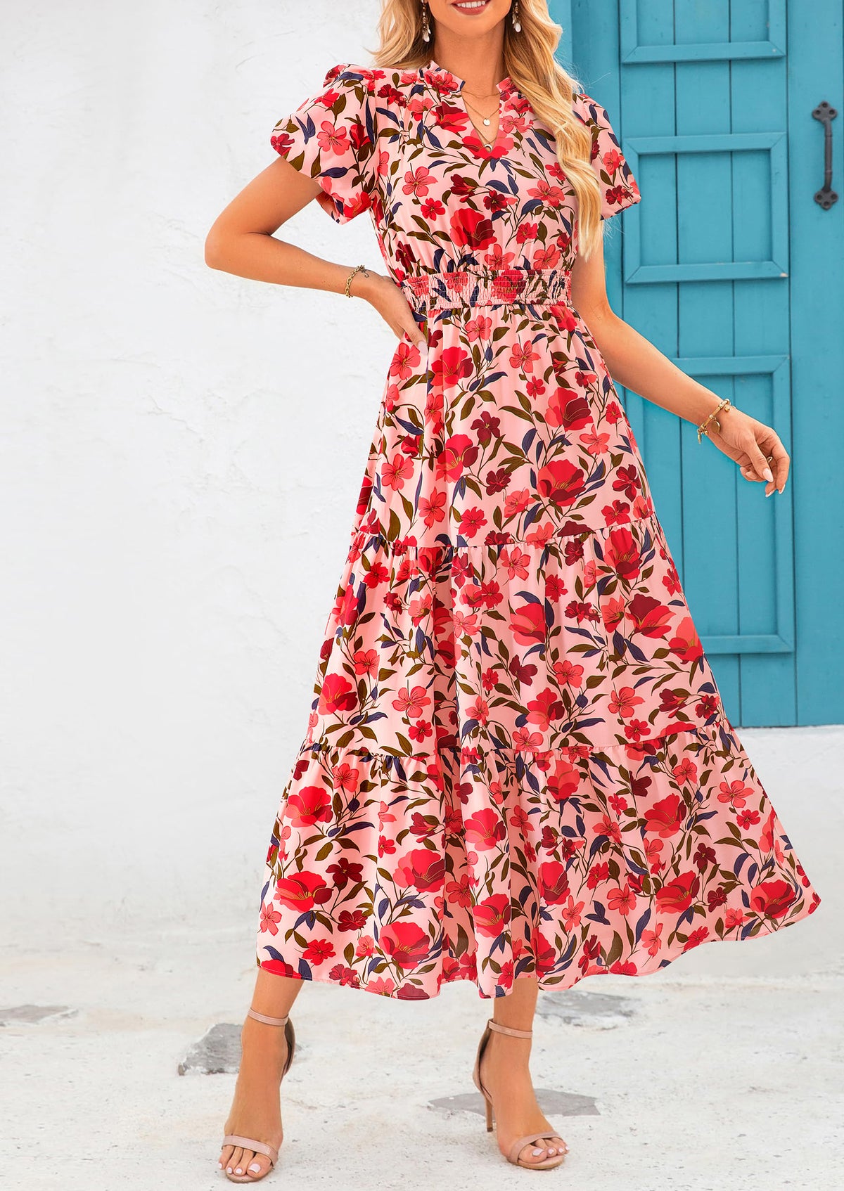 Casual V-neck short sleeved Bohemian Maxi dress