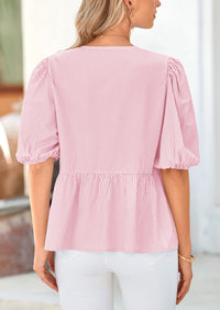 Striped Round Neck Front, Lace Up Bubble Sleeves Tops