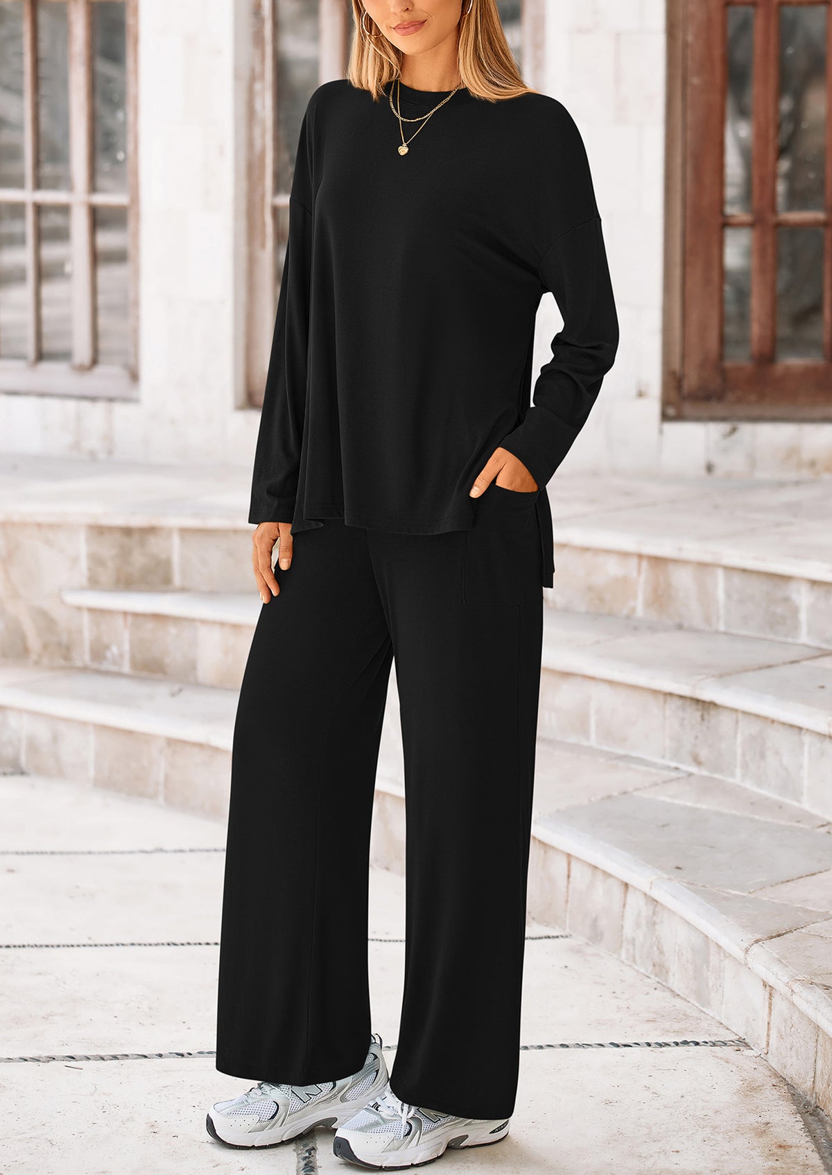 Long Sleeve High Low Tops T-Shirts Wide Leg Pants Two Piece Sets