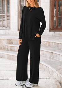 Long Sleeve High Low Tops T-Shirts Wide Leg Pants Two Piece Sets