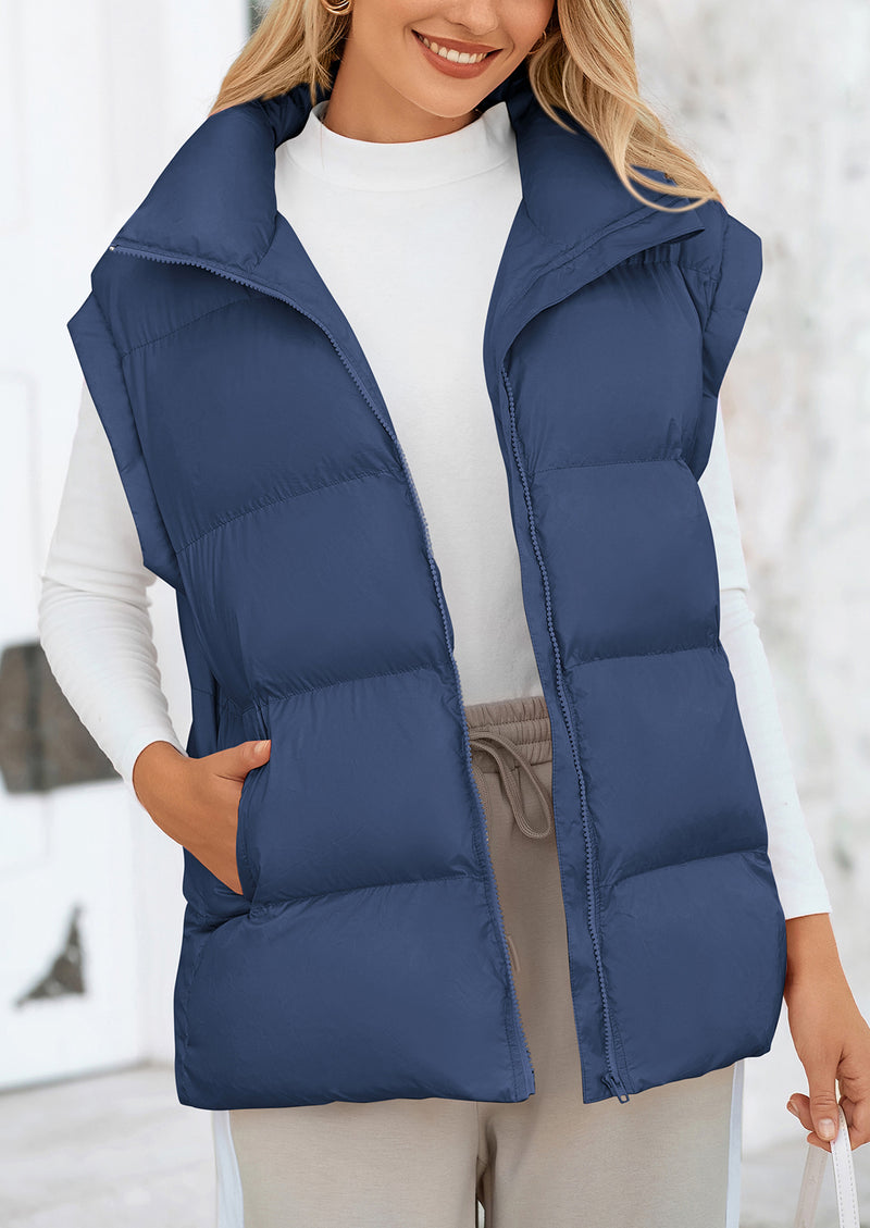 Casual Stand Collar Lightweight Sleeveless Zip Up Padded Coats