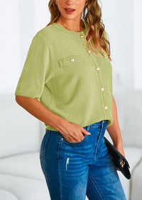 Button Down Casual Short Sleeve Crew Neck Ribbed Knit Shirts