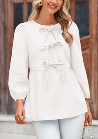 Babydoll Trendy 3/4 Length Puff Sleeve Bow Tie Front Cute Peplum Blouses