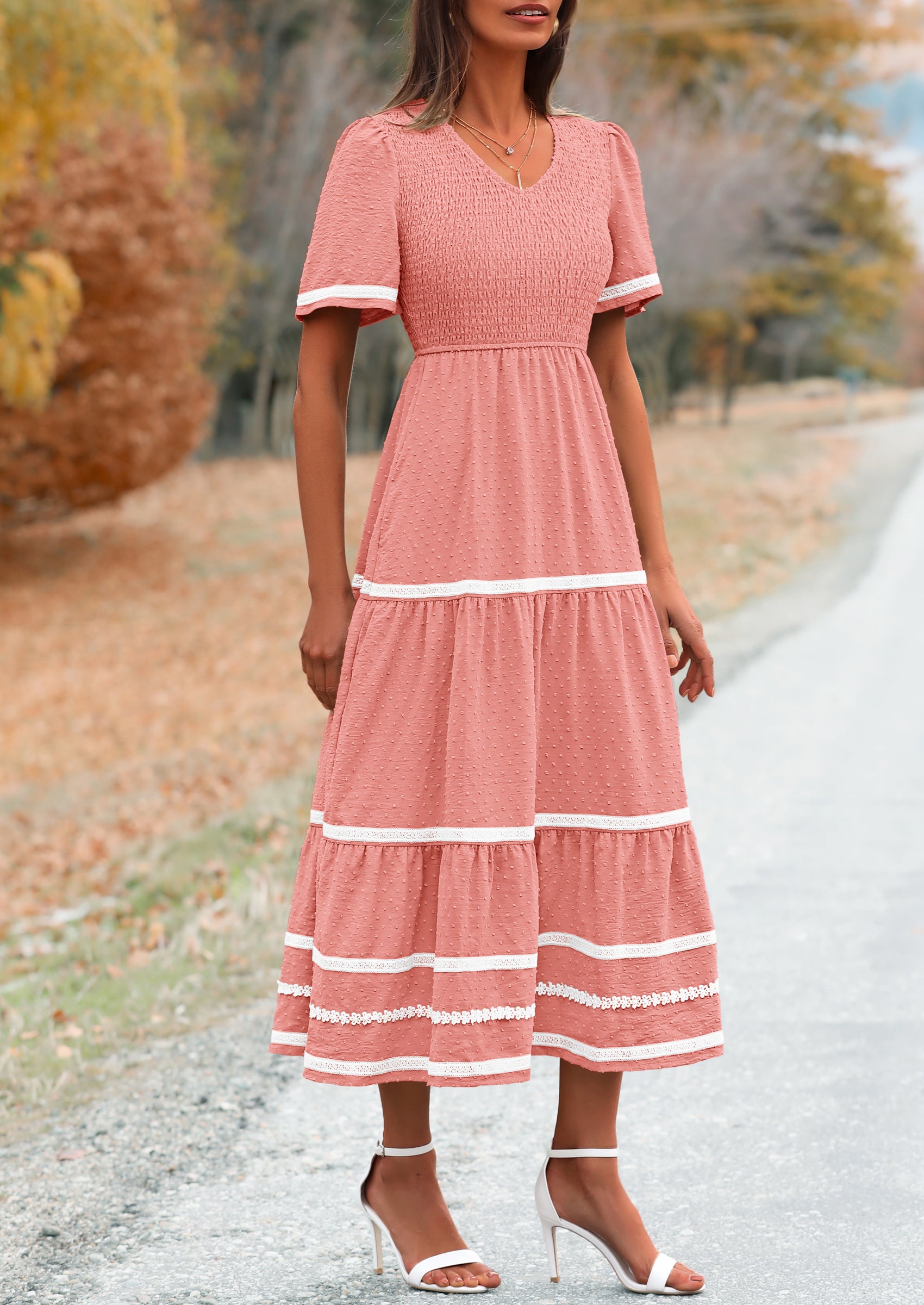 PRETTYGARDEN Women's Casual Summer Maxi Dress Short Sleeve Swiss Dot V Neck Smocked Long Flowy Beach Dresses