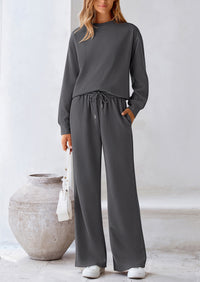 Casual Long Sleeve Pullover Tops and Wide Leg Pants Knitted Two Piece Sets