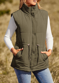 Casual Button Zipper Vest, Drawstring Sleeveless Jacket