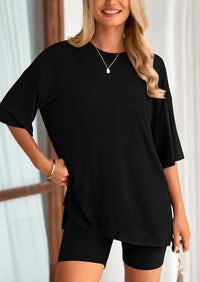 Casual Short Sleeved Round Neck Top Paired With Shorts Two-Piece Set