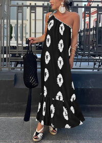 One Shoulder Spaghetti Strap Printed A Line Flowy Boho Maxi Long Sundress