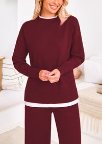 PRETTYGARDEN Two Piece Matching Sweater Lounge Sets Knit Long Sleeve Pullover Tops Wide Leg Pants
