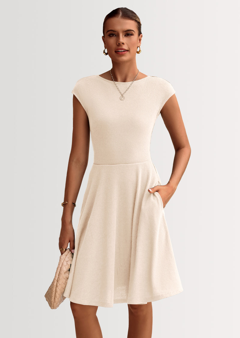 PRETTYGARDEN Womens Short Summer Dress Crewneck Cap Sleeve Ribbed Knit Casual Flowy A Line Mini Sundresses with Pockets