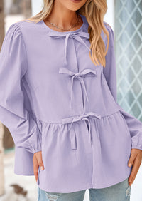 PRETTYGARDEN Women's Spring Fall Babydoll Peplum Blouse Shirt Puff Long Sleeve Bow Tie Front Trendy Cute Y2K Going Out Tops