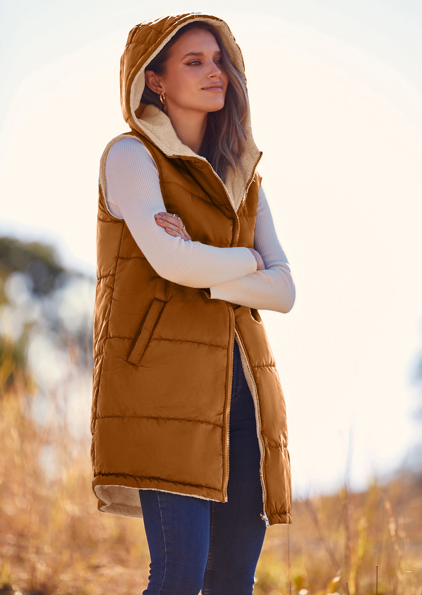 PRETTYGARDEN Womens Fall Reversible Vests Sleeveless Fleece Jacket Zip Up Hoodie Pockets Long Warm Winter Coat Outerwear