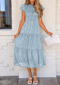 Floral  Summer Cap Sleeve Smocked Ruffle A Line Long Flowy Wedding Guest Midi Dresses