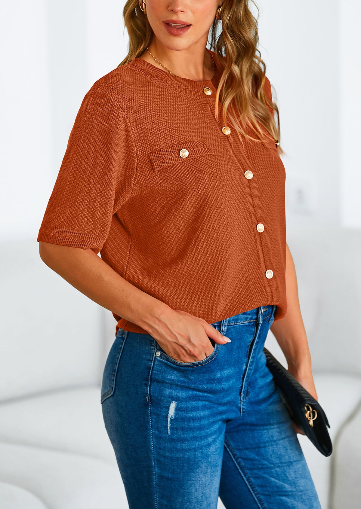 Button Down Casual Short Sleeve Crew Neck Ribbed Knit Shirts