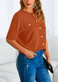 Button Down Casual Short Sleeve Crew Neck Ribbed Knit Shirts