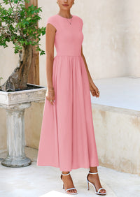 Casual Cap Sleeve Patchwork A Line Flowy Elegant Homecoming Maxi Dress