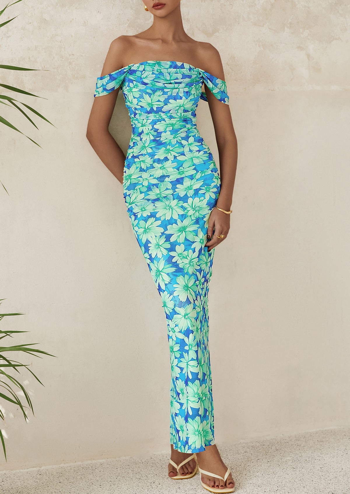 Ruched Bodycon Off Shoulder Floral Mesh Cocktail Party Fitted Maxi Dress