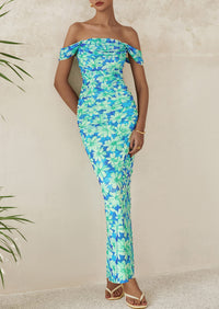Ruched Bodycon Off Shoulder Floral Mesh Cocktail Party Fitted Maxi Dress