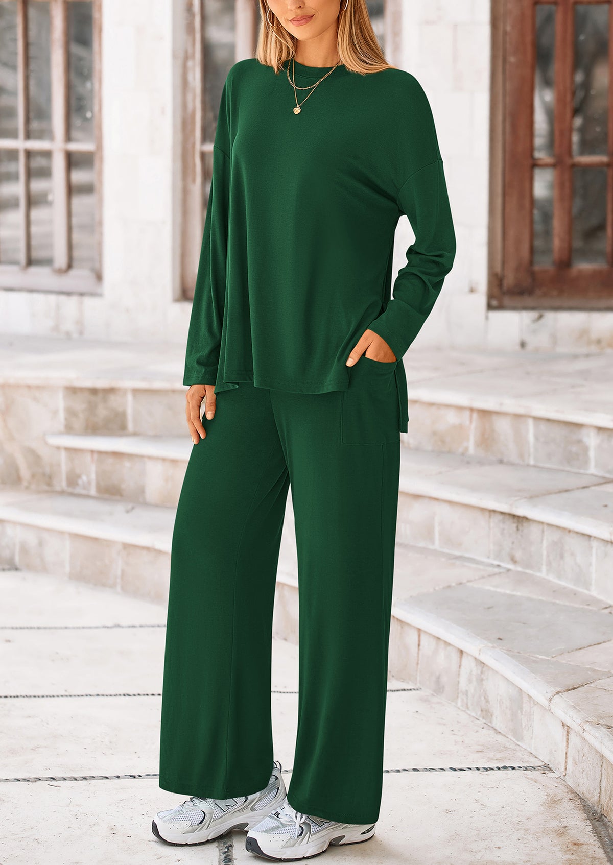 Long Sleeve High Low Tops T-Shirts Wide Leg Pants Two Piece Sets