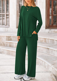 Long Sleeve High Low Tops T-Shirts Wide Leg Pants Two Piece Sets