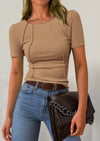 KIRUNDO Ribbed Short Sleeve Tops for Women Summer Casual Crew Neck Cute Crop Basic Tees Slim Fit Exposed Seams T Shirts