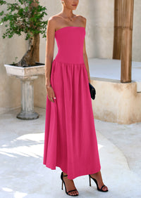 Strapless Patchwork Long Flowy Elegant Tube Top Maxi Dresses with Pockets