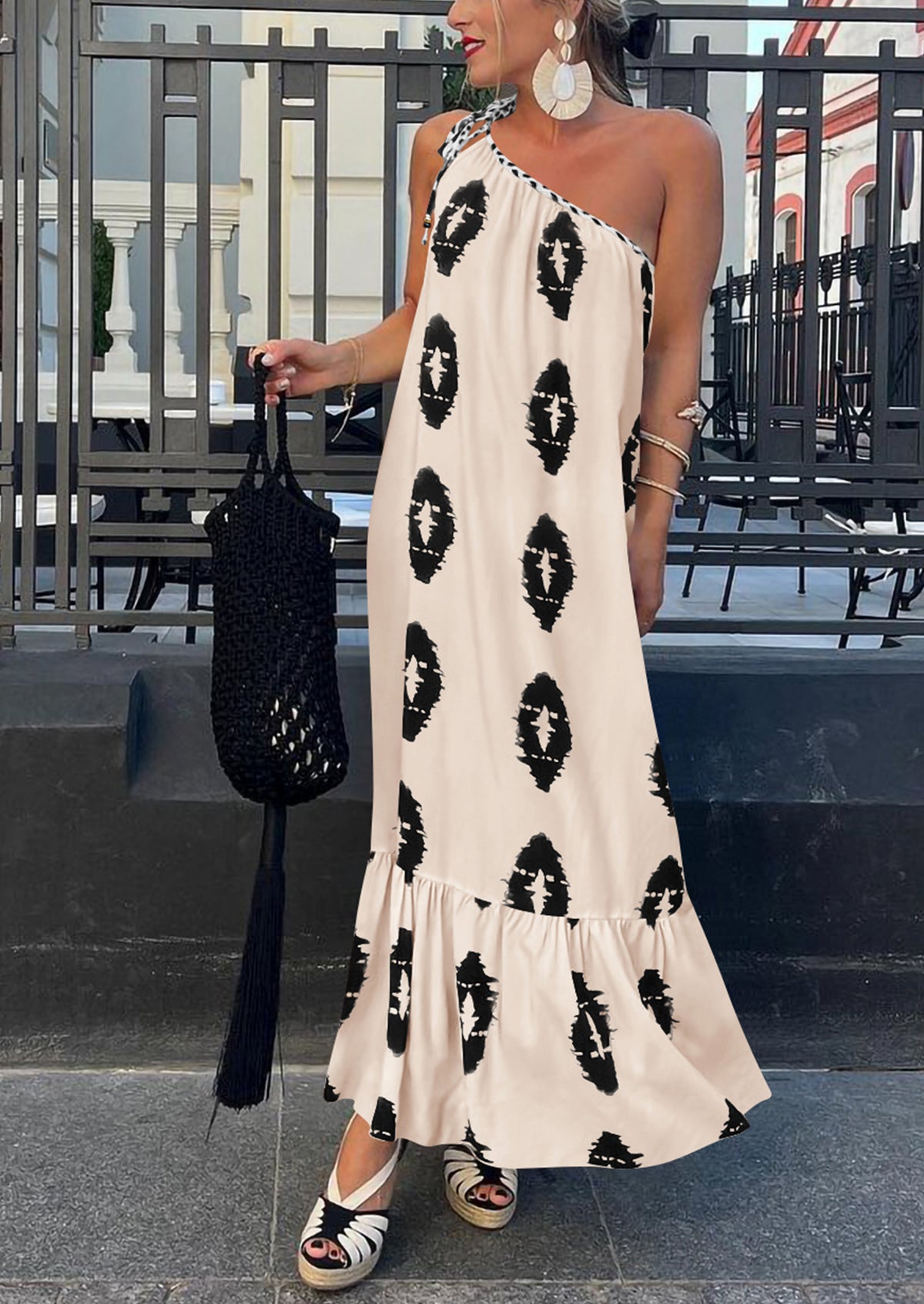 One Shoulder Spaghetti Strap Printed A Line Flowy Boho Maxi Long Sundress