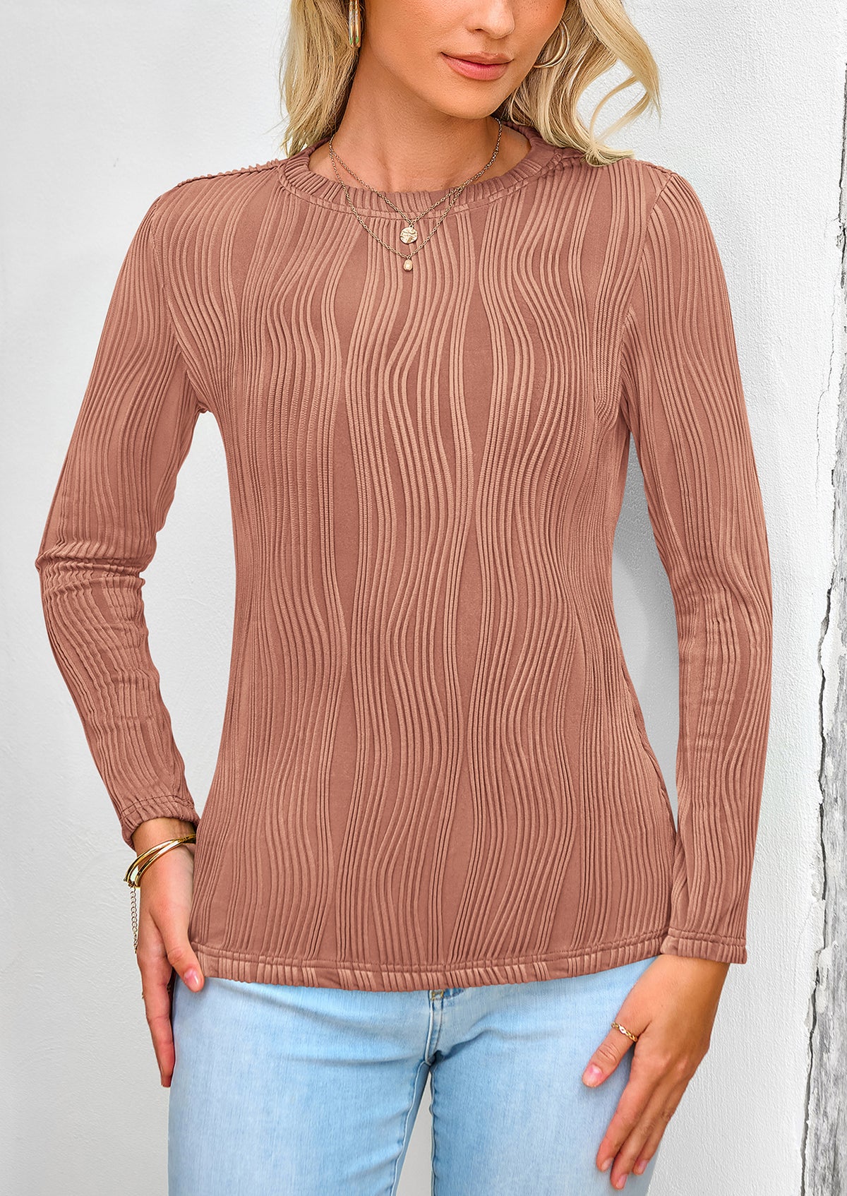 Plain Long Sleeve Crew Neck Textured Casual T-shirts