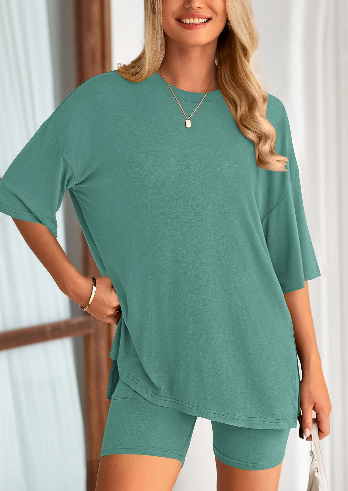 Casual Short Sleeved Round Neck Top Paired With Shorts Two-Piece Set