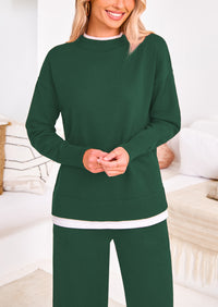 PRETTYGARDEN Two Piece Matching Sweater Lounge Sets Knit Long Sleeve Pullover Tops Wide Leg Pants