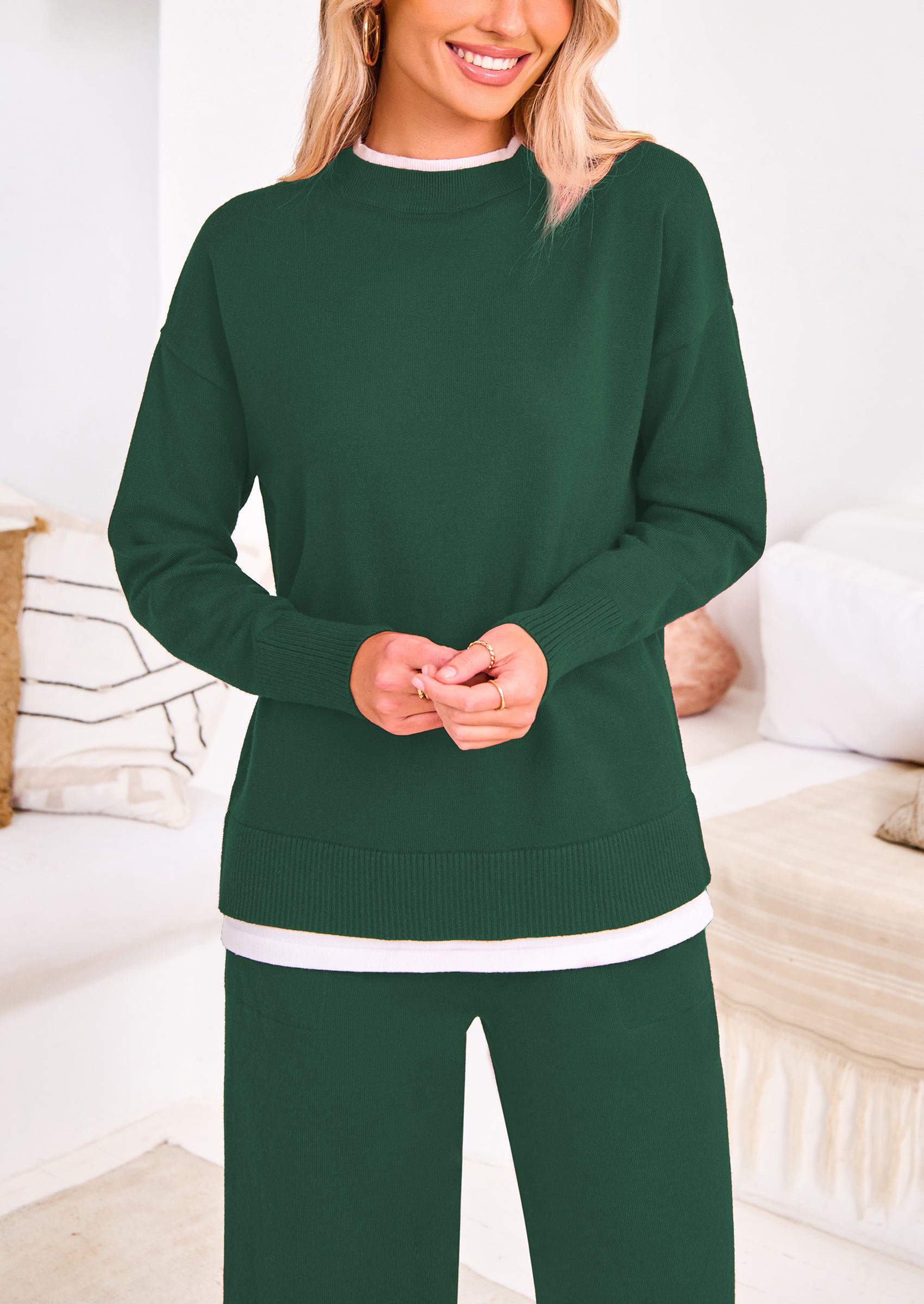 PRETTYGARDEN Two Piece Matching Sweater Lounge Sets Knit Long Sleeve Pullover Tops Wide Leg Pants