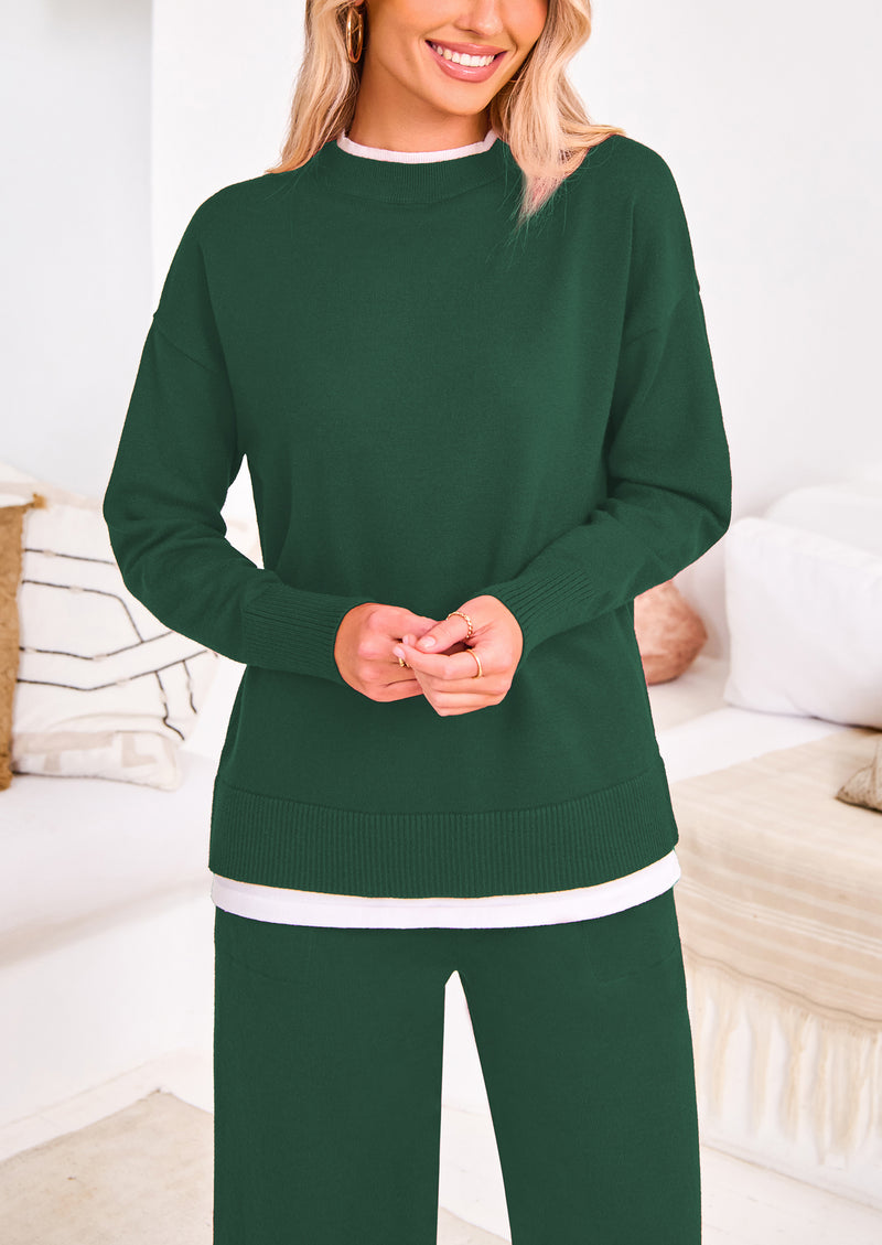 PRETTYGARDEN Two Piece Matching Sweater Lounge Sets Knit Long Sleeve Pullover Tops Wide Leg Pants
