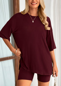 Casual Short Sleeved Round Neck Top Paired With Shorts Two-Piece Set