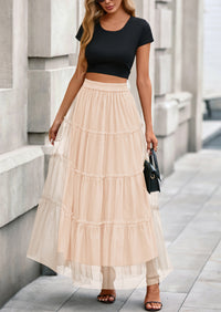 PRETTYGARDEN Maxi Skirts for Women Fall Tulle High Waisted Ruffle Flowy A-Line Long Skirt Country Concert Outfits