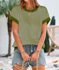 Short Sleeve Round Neck Striped Pullover Cap Sleeve Knit T-shirt