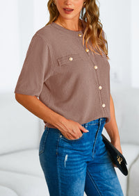 Button Down Casual Short Sleeve Crew Neck Ribbed Knit Shirts