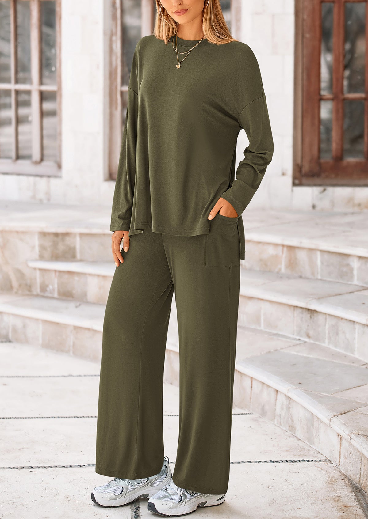 Long Sleeve High Low Tops T-Shirts Wide Leg Pants Two Piece Sets