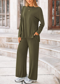 Long Sleeve High Low Tops T-Shirts Wide Leg Pants Two Piece Sets