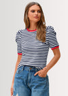 PRETTYGARDEN Women's Summer Puff Sleeve Tops Casual Ribbed Knit Crop Top Color Block Trendy Crewneck Striped Shirts