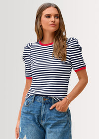PRETTYGARDEN Women's Summer Puff Sleeve Tops Casual Ribbed Knit Crop Top Color Block Trendy Crewneck Striped Shirts