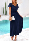 PRETTYGARDEN Women's Short Sleeve Button V Neck Casual Pleated Maxi Dresses