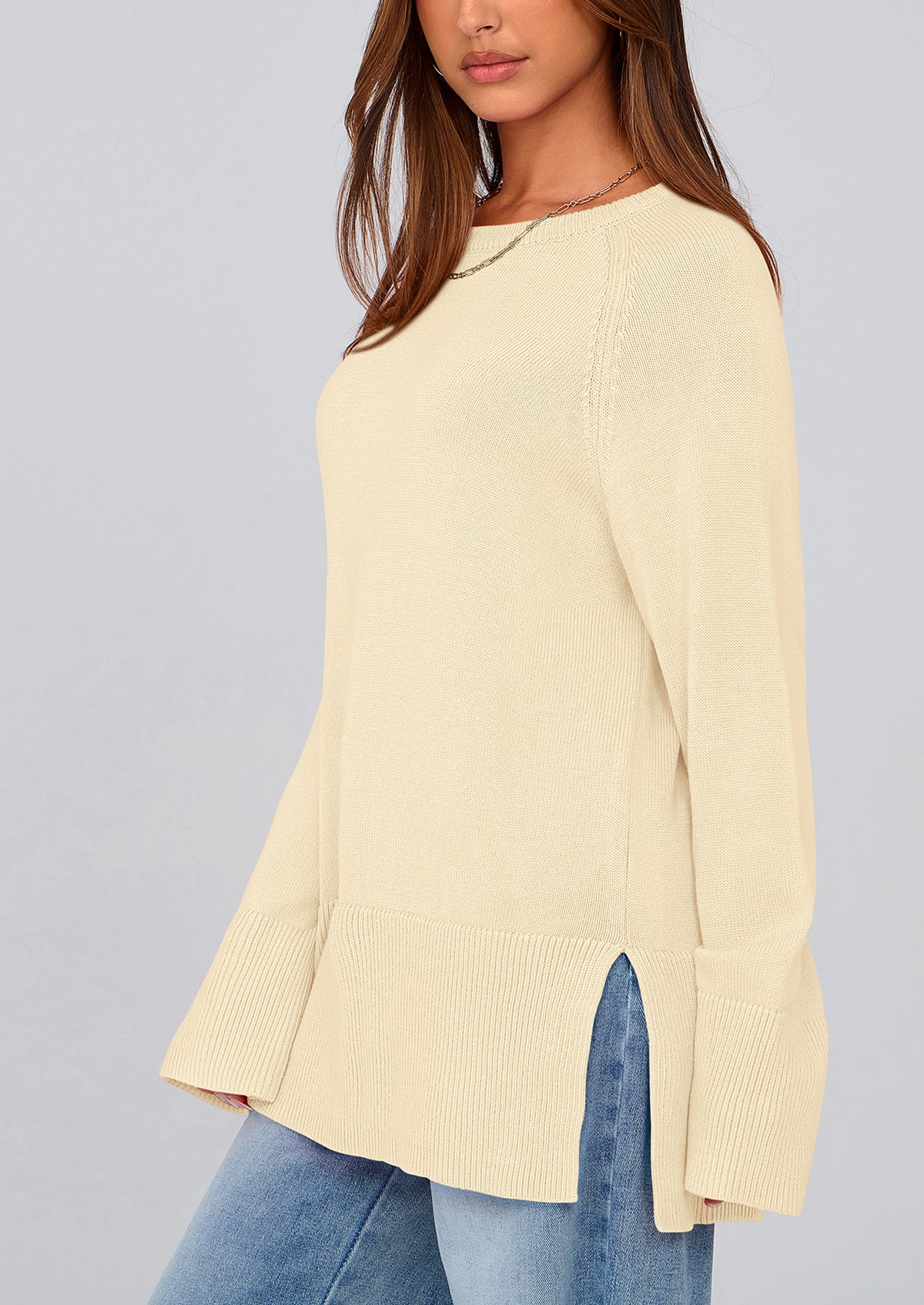 Knit Long Sleeve Crew Neck Split Hem Loose Oversized Tunic Sweaters