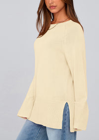 Knit Long Sleeve Crew Neck Split Hem Loose Oversized Tunic Sweaters