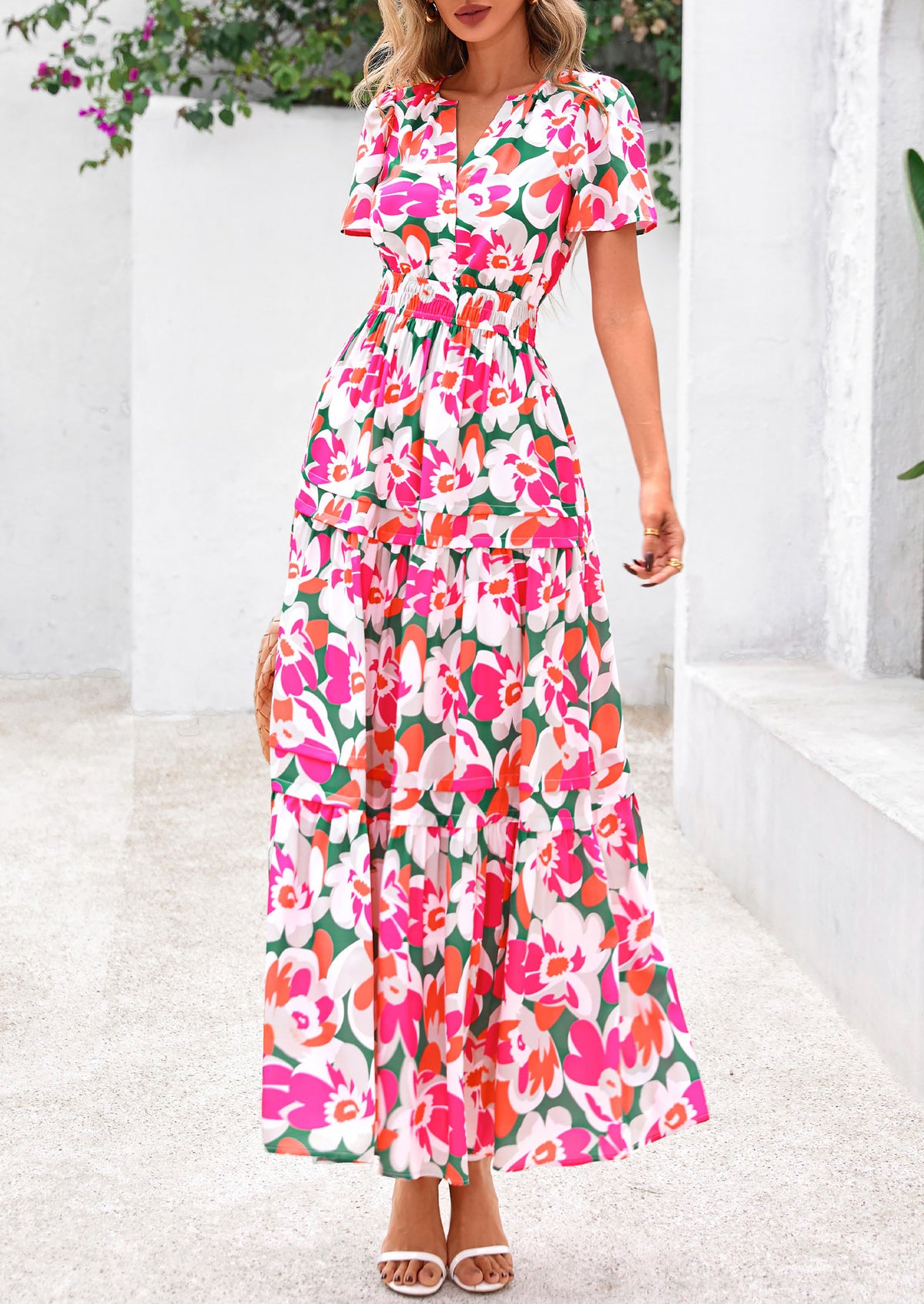 Boho Floral Short Sleeve V Neck A Line Tiered Ruffle Flowy Long Beach Vacation Maxi Dresses