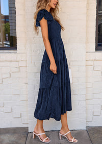 Floral  Summer Cap Sleeve Smocked Ruffle A Line Long Flowy Wedding Guest Midi Dresses